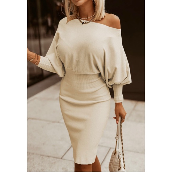 Cream Batwing Sleeve Bodycon Clinched Waist Ribbed Sweater Dress - Picture 2 of 5